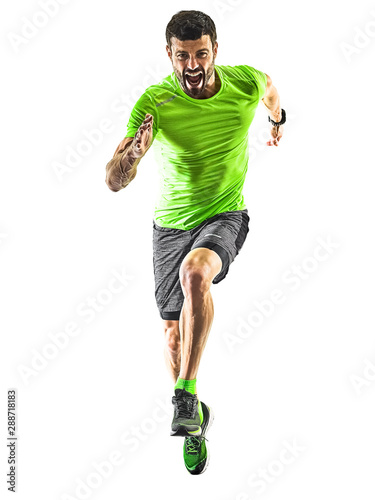 Fototapeta Naklejka Na Ścianę i Meble -  one caucasian man runner running jogging jogger silhouette isolated on white background