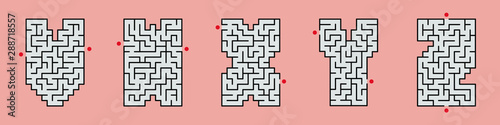 Set of letters V, W, X, Y, Z maze labyrinth, Vector illustrator