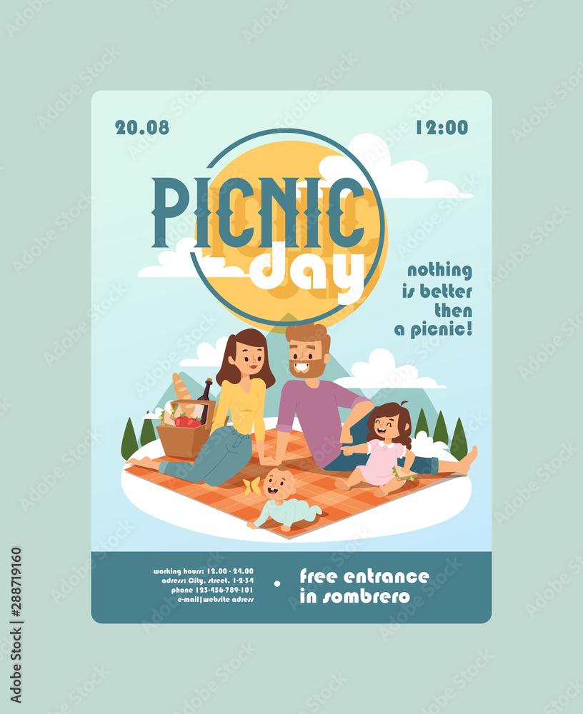 Invitation to a picnic day family event, vector illustration. Outdoor activity announcement for parents with children. Happy family spends time together on outdoor picnic