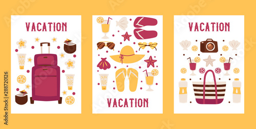 Summer vacation banners, vector illustration. Travel agency flyer, isolated flat style icons of vacation accessories. Tour advertisement, seaside and beach leisure