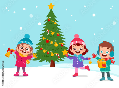 happy kids christmas tree snow