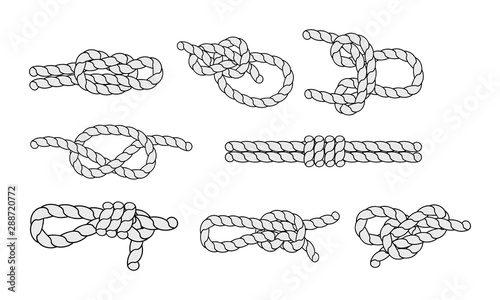 Sea knots and loops set. Marine rope and nautical knot, cord borders, nautical loop vector illustration on white background isolated