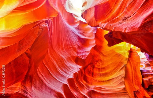 View of Upper Antelope Canyon shined by sunlight with beautiful color in Arizona, USA.