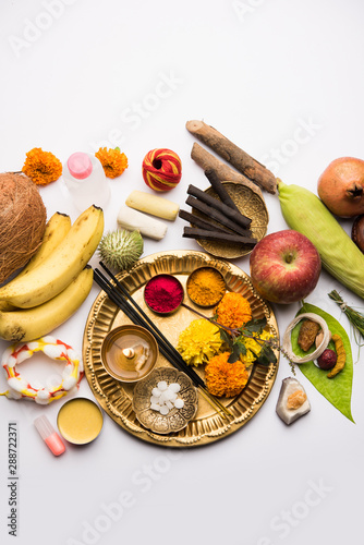 Pooja Material / Puja Sahitya in Hindu Religion from India, arranged in a group. selective focus photo