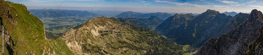 Naklejka premium High resolution stitched panorama of a beautiful alpine view at the famous Nebelhorn summit near Mittenwald, Bavaria, Germany