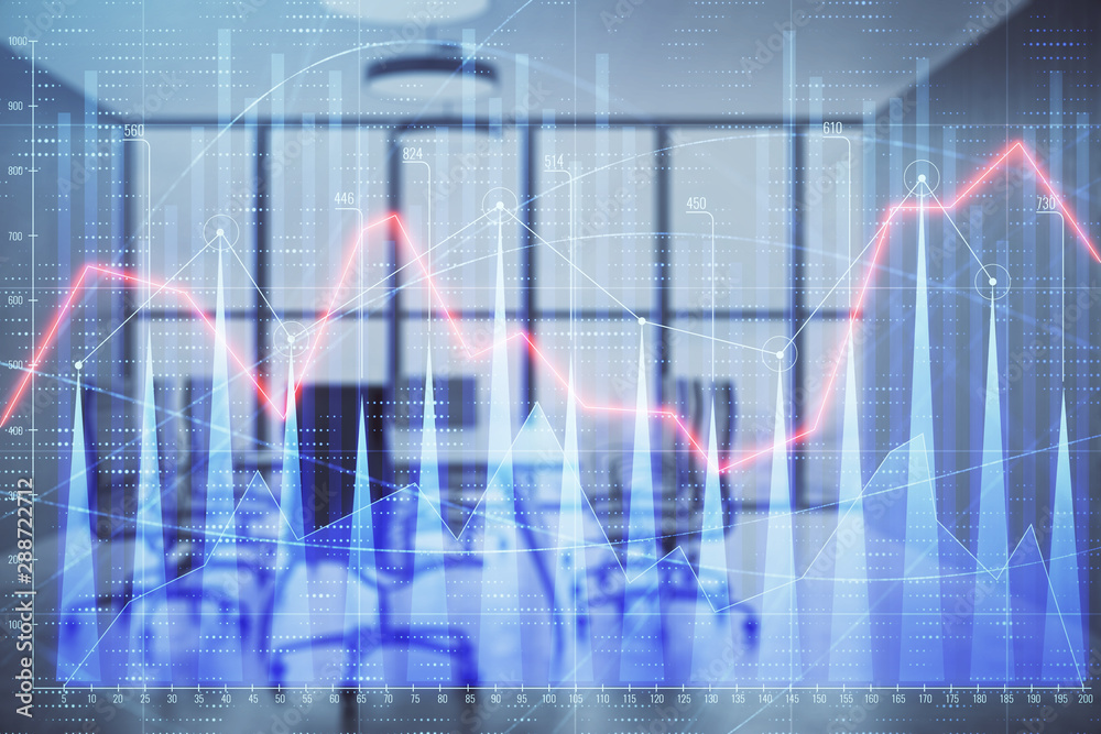 Multi exposure of stock market graph on conference room background. Concept of financial analysis Multi exposure of stock market graph on conference room background. Concept of financial analysis