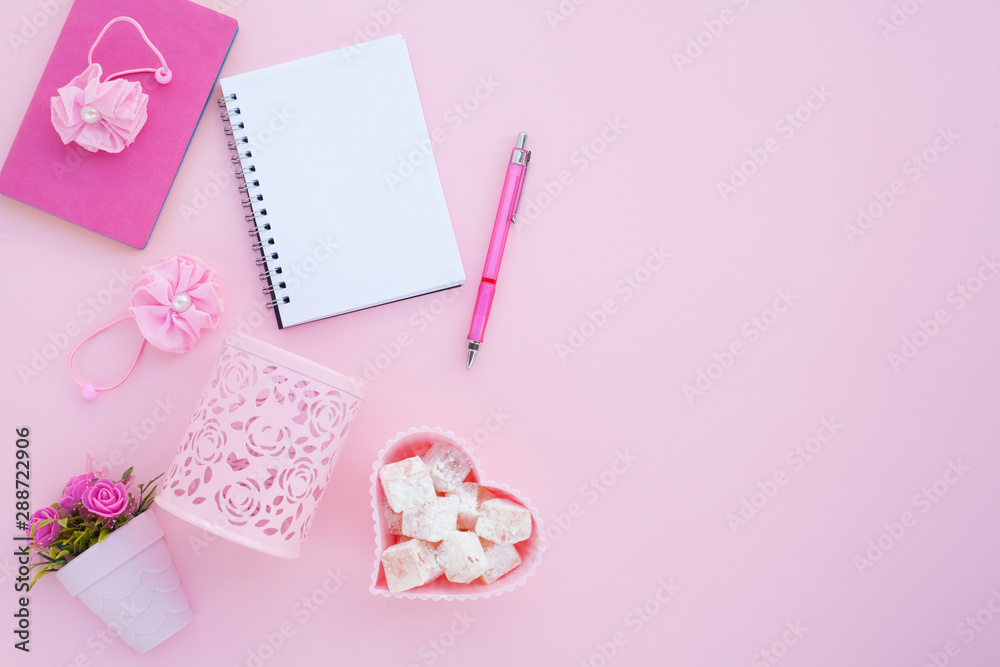 Flat lay girly, pale pink items for planning, notepads, pens, office work or working at home on her laptop, on the pale pink background, with place for labels. Concept Desk. Flat lay girly, pale pink items for planning, notepads, pens, office work or working at home on her laptop, on the pale pink background, with place for labels. Concept Desk.