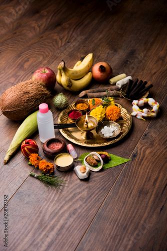 Pooja Material / Puja Sahitya in Hindu Religion from India, arranged in a group. selective focus