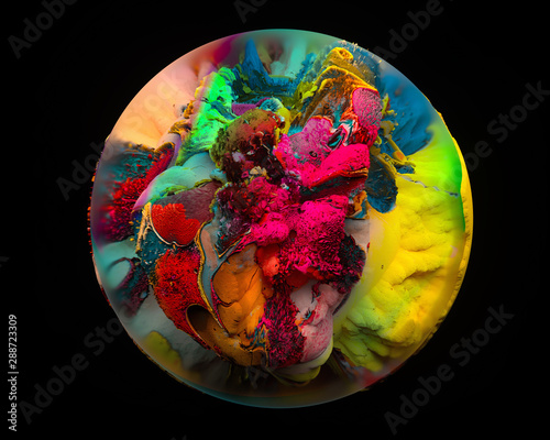 Multicolored 3d render, pink, yellow, green, blue, turquoise, dark green, hot oink mixed colors bacteria that look like kaleidoscope symmetrical pattern artwork on a jet black background,  photo