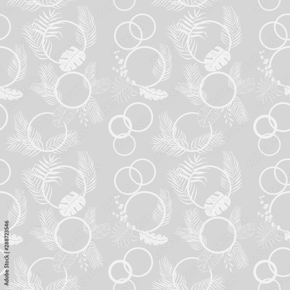 tropical palm leaves and circles seamless floral pattern