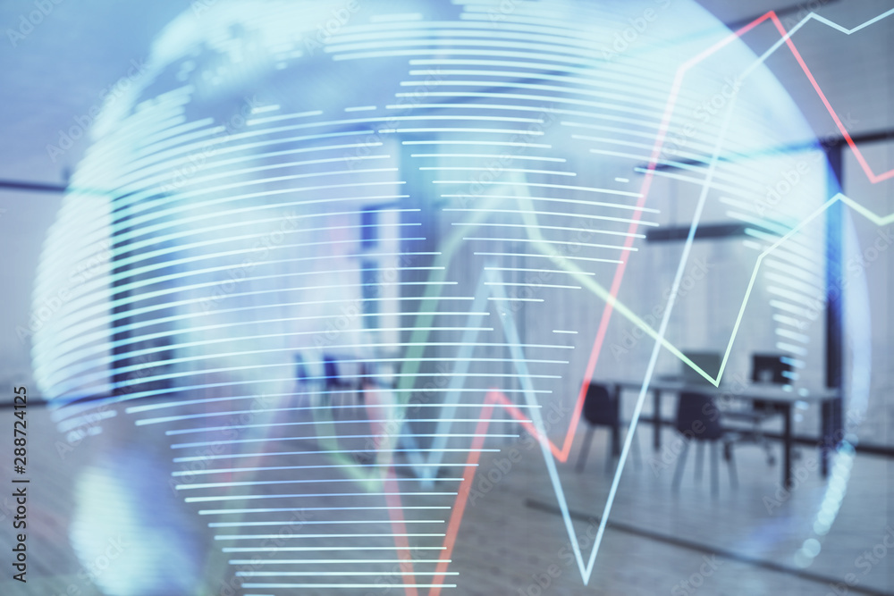 Stock and bond market graph and world map with trading desk bank office interior on background. Multi exposure. Concept of international finance Stock and bond market graph and world map with trading desk bank office interior on background. Multi exposure. Concept of international finance