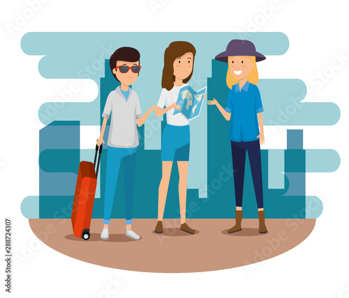 women and man with suitcase and global map