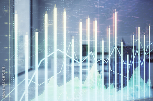 Stock market chart with trading desk bank office interior on background. Double exposure. Concept of financial analysis © Andrey