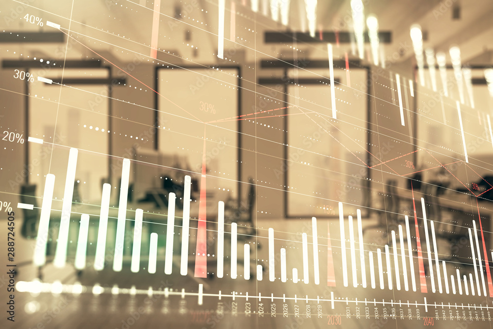 Stock market chart with trading desk bank office interior on background. Double exposure. Concept of financial analysis Stock market chart with trading desk bank office interior on background. Double exposure. Concept of financial analysis