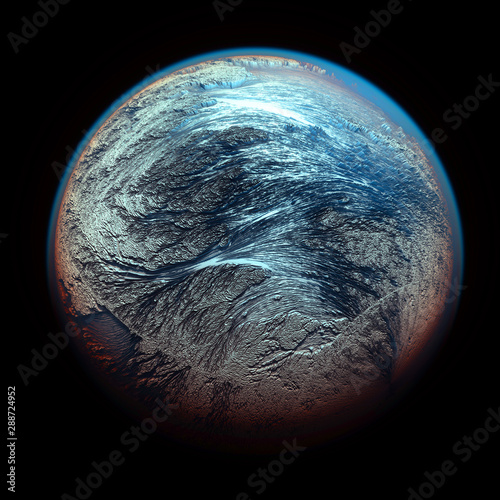 A 3d render of an ice planet, enclosed in a crystal glass shell ice cold frozen sphere, with a touch of light red outlline. Light blue colors glass sphere on a black background photo