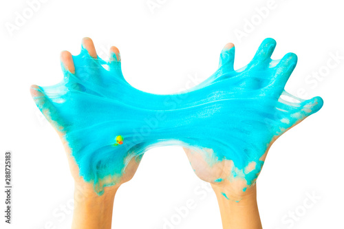 Child hands with sticky slime isolated on white background