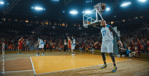 Basketball players on big professional arena during the game. Tense moment of the game. Celebration