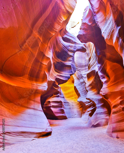 View of Upper Antelope Canyon shined by sunlight with beautiful color in Arizona, USA.