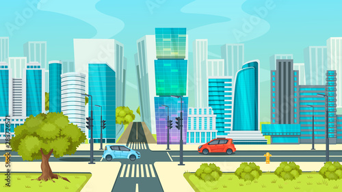 City road with crossroads, quarter street, low-rise area city center. Wooden road sign empty boards empty planks with street traffic road crossing crosswalks moving cars cartoon vector illustration