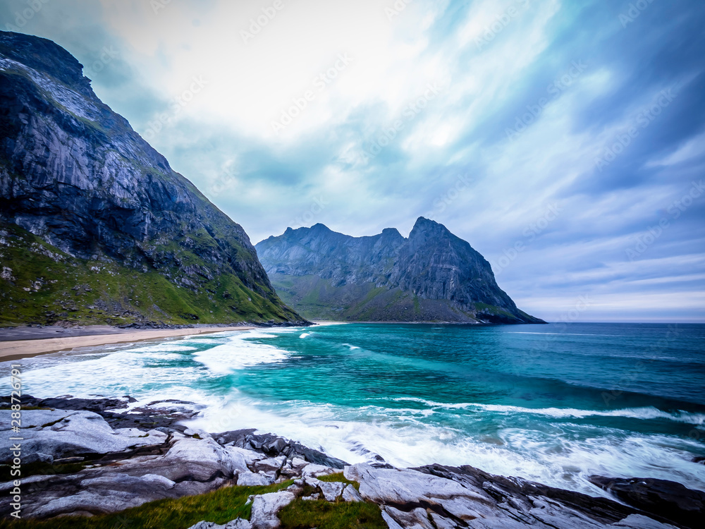 Dramatic scenery at the famous Kvalvika beach in Lofoten, North Norway