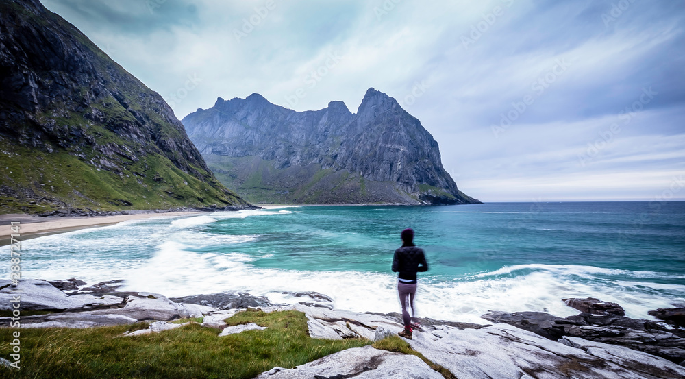 Dramatic scenery at the famous Kvalvika beach in Lofoten, North Norway