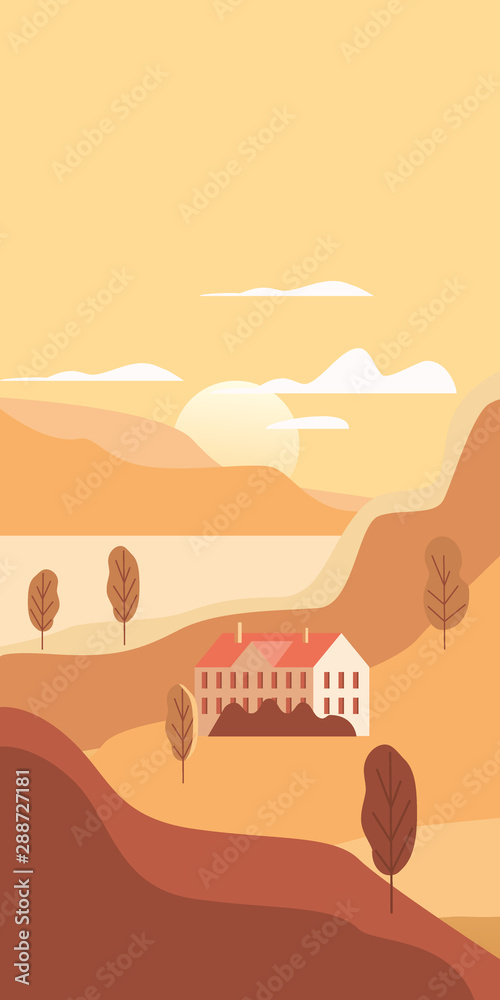 Autumn landscape rural suburban traditional buildings, hills and trees mountains
