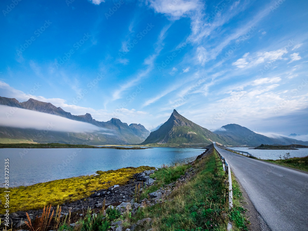 Dramatic landscape on E10 highway in Lofoten, North Norway
