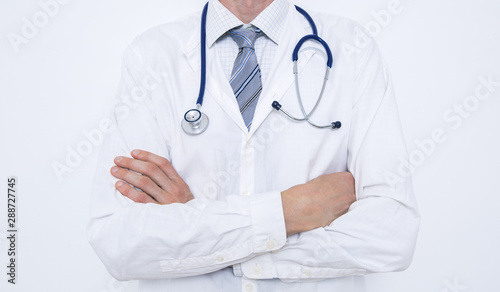 Doctor in a white coat with a stethoscope. 