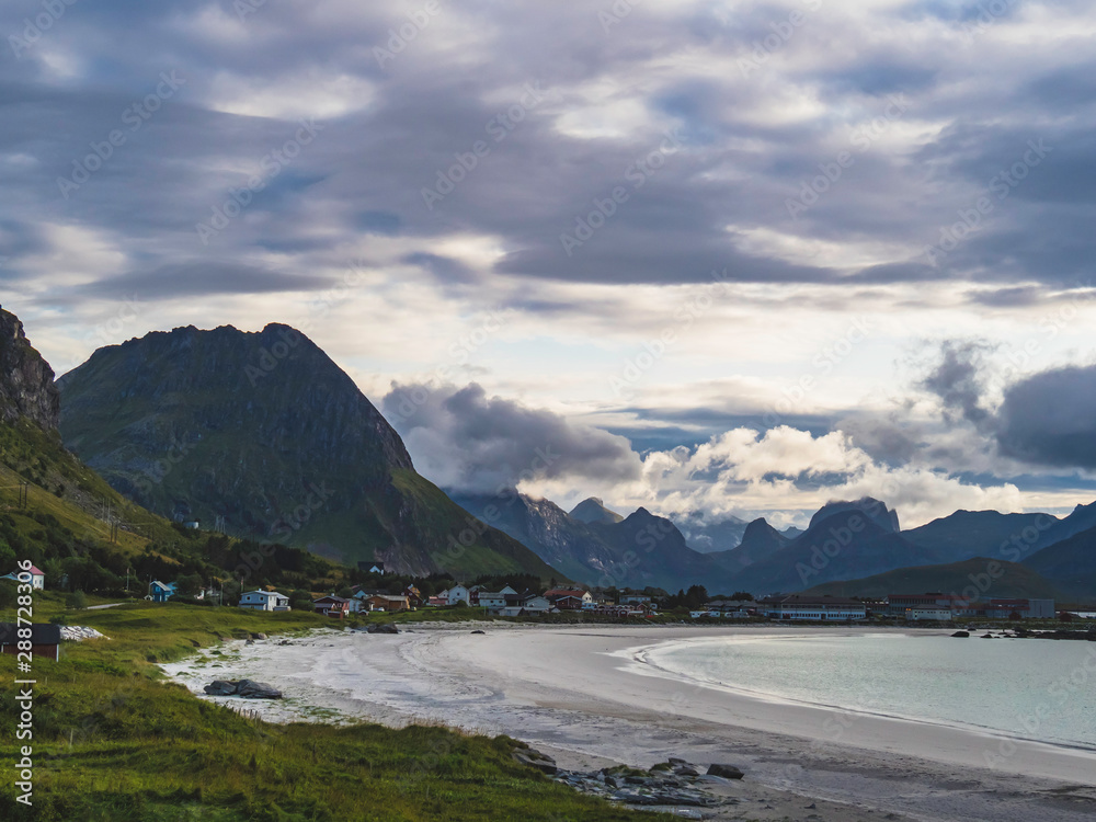 Dramatic landscape on E10 highway in Lofoten during sunset, North Norway