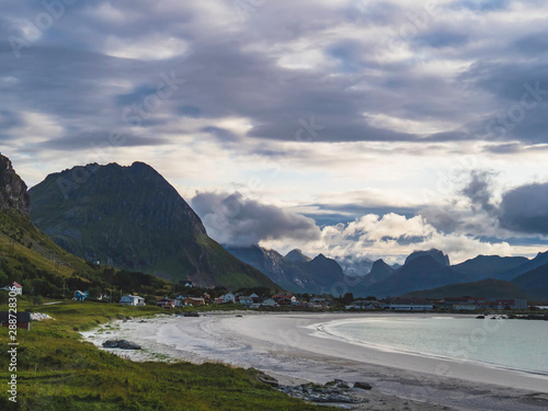Dramatic landscape on E10 highway in Lofoten during sunset, North Norway