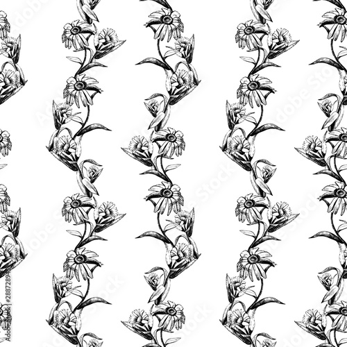 Vector seamless pattern of flowers drawn with ink and pen.