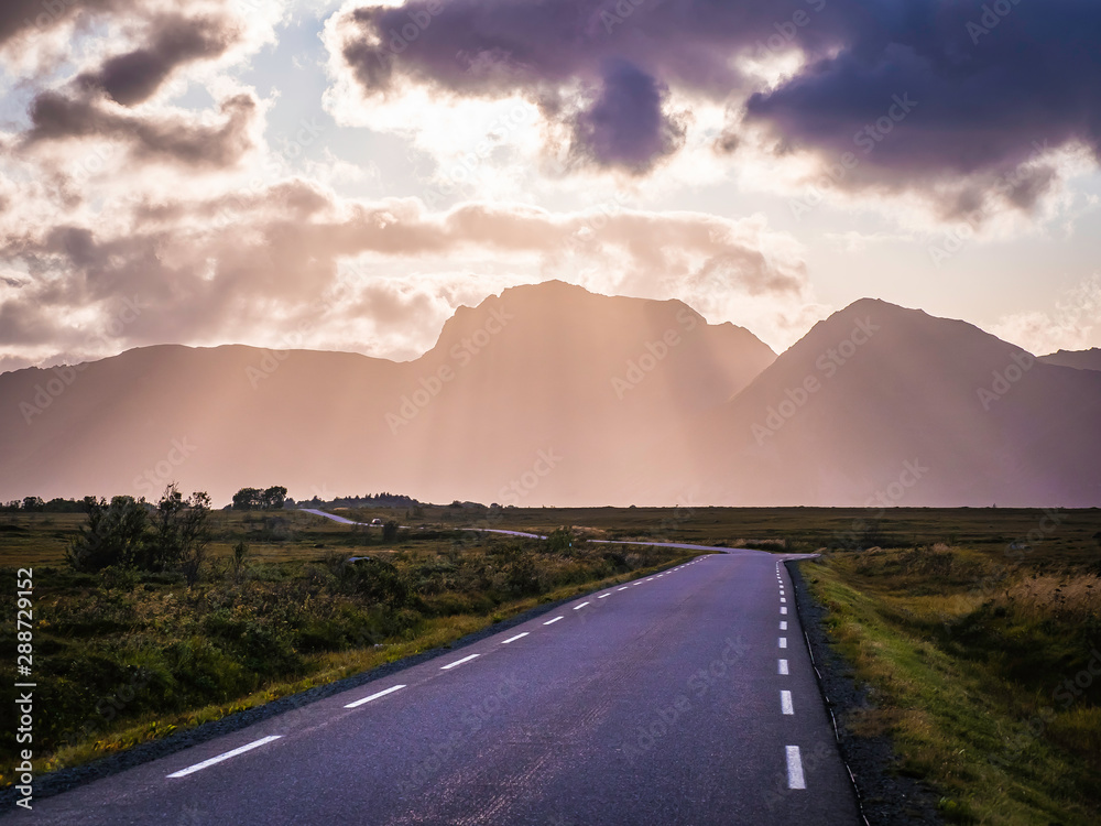 Dramatic landscape on E10 highway in Lofoten during sunset, North Norway