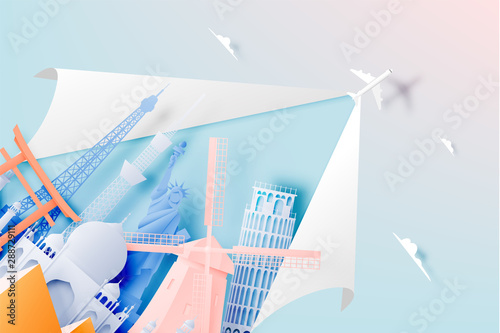 Various travel attractions in paper art style 