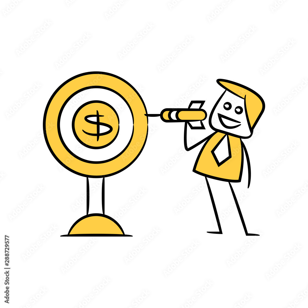businessman holding arrow and money dart, yellow stick figure 