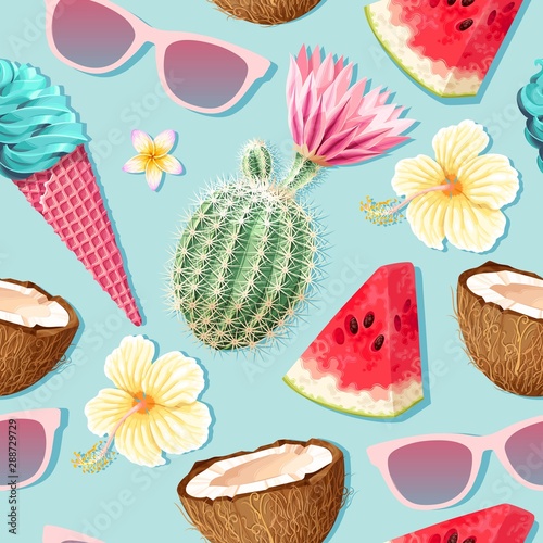Flowers and exotic fruits vector seamless pattern