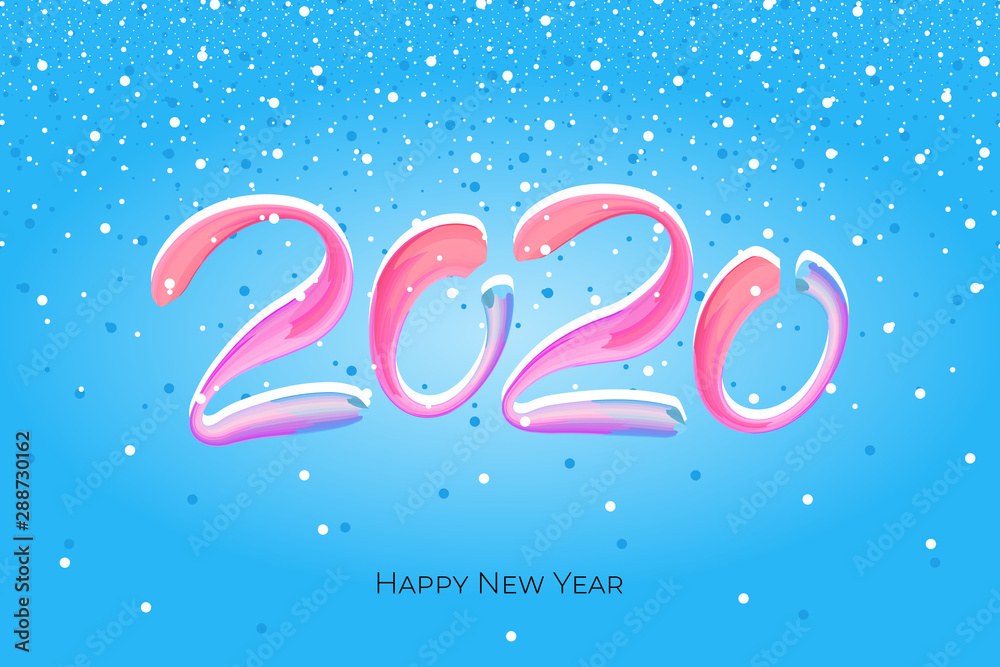 Happy New Year color brush stroke number 2020. Christmas winter holidays blue greeting card calendar brochure template. Vector acrylic paint calligraphy lettering text creative illustration
