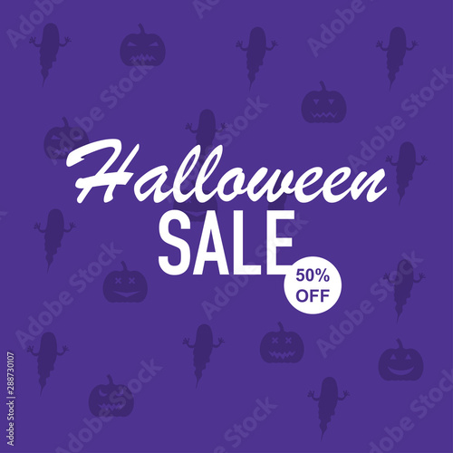 Vector illustration background for Halloween sale with pumpkin and ghosts