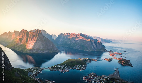 Obraz na płótnie Beautiful panoramic scenery of Reine on top of Reinebringen during sunset time on a clear summer day, Lofoten Islands, North Norway w salonie