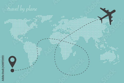 Vector illustration concept postcard travel by plane, typographic template for printing with world map