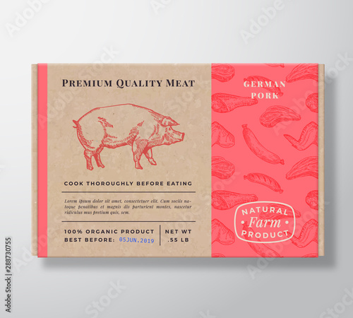 Meat Pattern Realistic Cardboard Box Container. Abstract Vector Packaging Design or Label. Modern Typography, Hand Drawn Pig Silhouette. Craft Paper Pork Background Layout.
