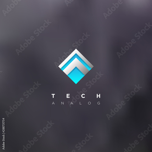 Technical logo with shiny metal elements on blue glass background. Corporate identity for industrial or IT company.