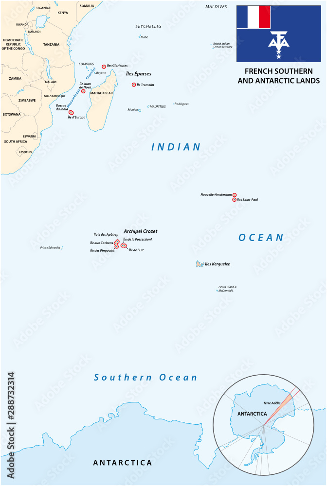 Fototapeta Map of the French Southern and Antarctic Territories with flag