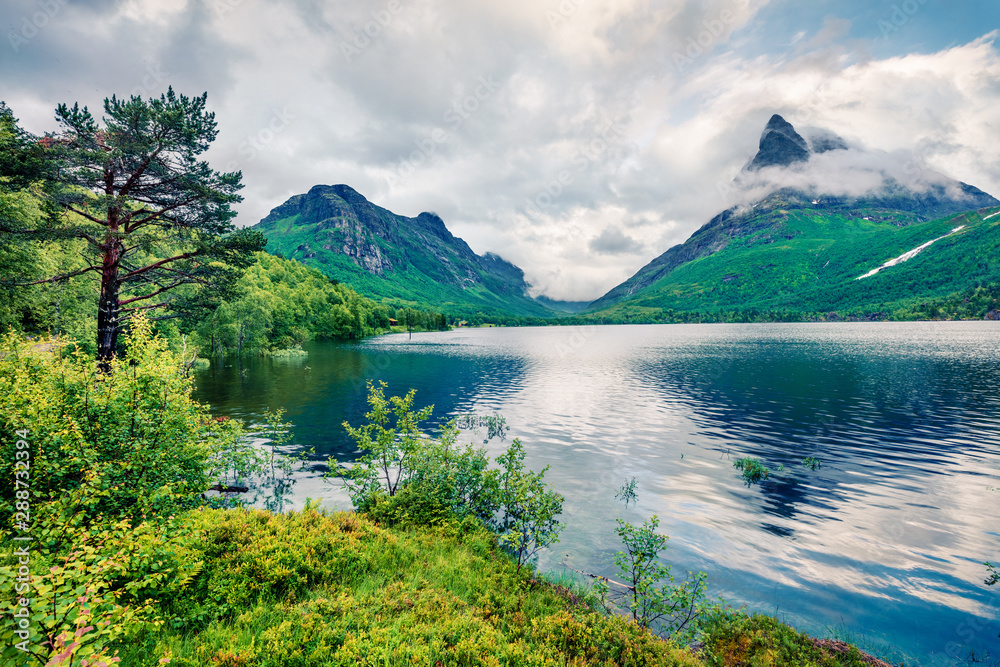 Amazing summer view of Innerdalsvatna lake. Colorful morning scene of Norway, Europe. Beauty of nature concept background. Artistic style post processed photo.
