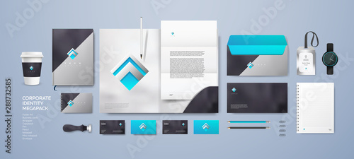 Technical logo corporate branding identity premium design with shiny metal elements on blue glass background. Stationery mockup vector template for Industrial, IT or finance company.