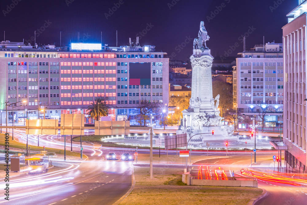 Night view of the Marquis of Pombal Square in Lisbon, Portugal
