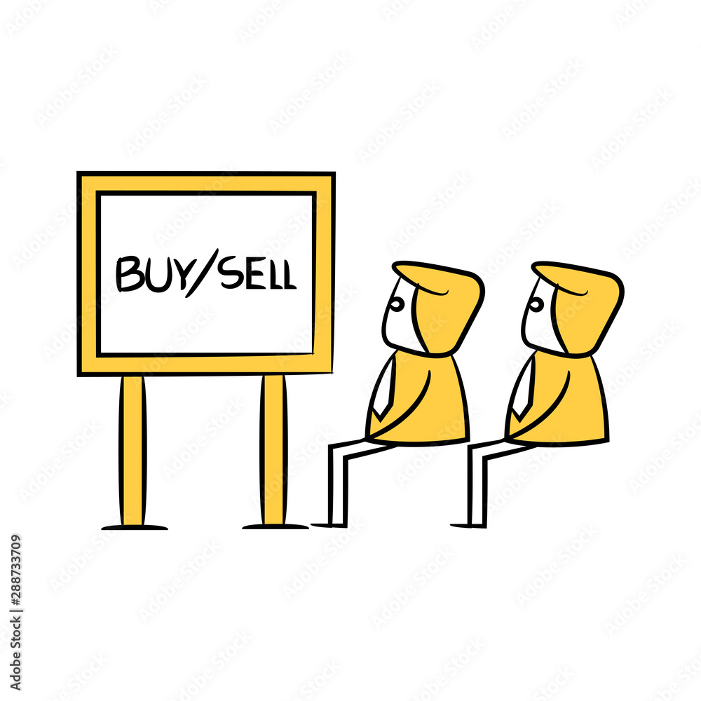 businessman monitoring buy sell stock market on screen yellow stick figure 