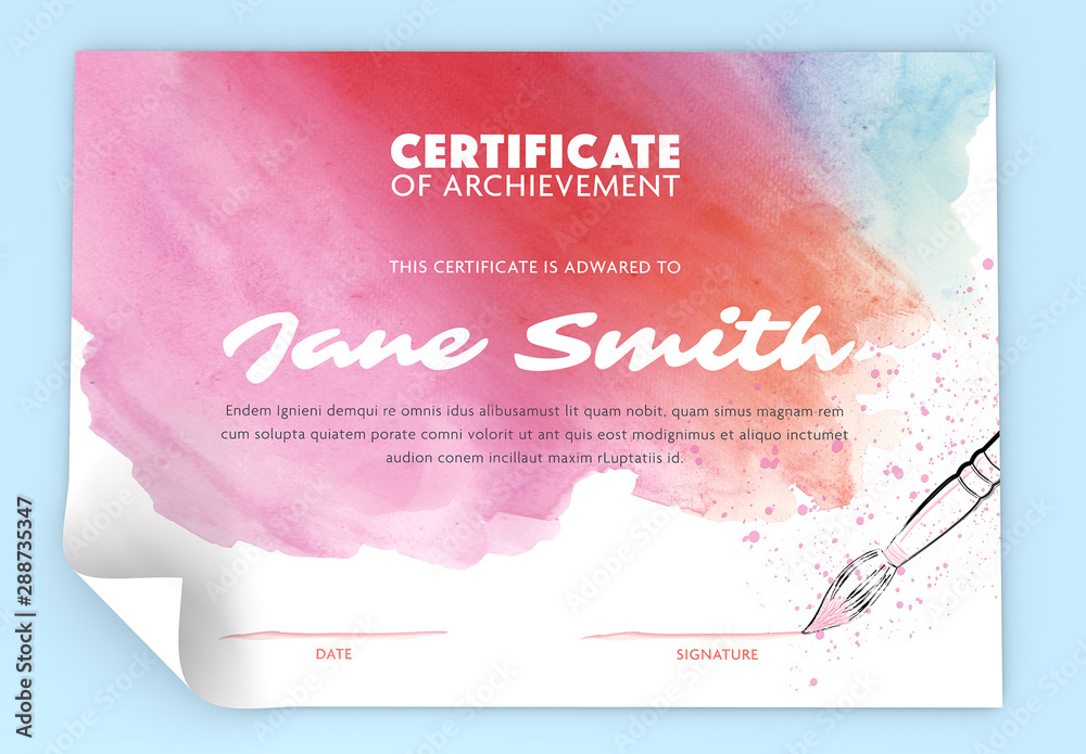 Achievement Certificate Layout with Watercolor Elements Stock Template
