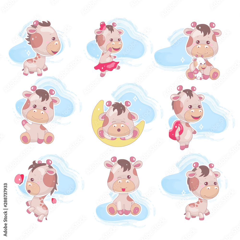 Cute giraffe kawaii cartoon vector characters set. Adorable and funny animal with clouds isolated sticker, patch, kids book illustration. Anime happy and playful baby giraffe emoji on white background