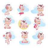 Cute giraffe kawaii cartoon vector characters set. Adorable and funny animal with clouds isolated sticker, patch, kids book illustration. Anime happy and playful baby giraffe emoji on white background