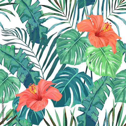 Summer seamless pattern with tropical palm leaves and hibiscus. Jungle fashion print. Hawaiian background. Vector illustration